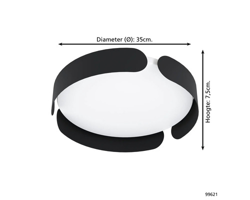 De plafondlamp heeft een diameter van 35 cm en een hoogte van 7,5 cm.