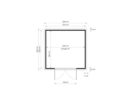 Plattegrondtekening met afmetingen: 258 cm breed, 252 cm diep, binnenoppervlakte 5,64 vierkante meter