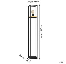 Slanke vloerlamp met een plank en de afmetingen 18 cm lengte, 18 cm breedte en 128,5 cm hoogte