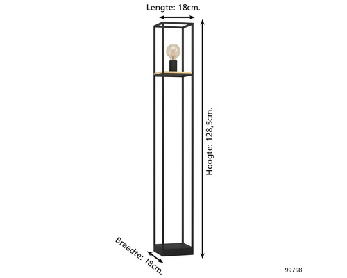 Slanke vloerlamp met een plank en de afmetingen 18 cm lengte, 18 cm breedte en 128,5 cm hoogte
