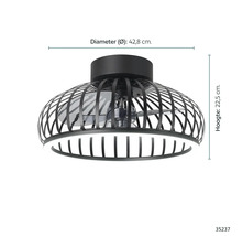 Plafondventilator met een diameter van 42,8 cm en een hoogte van 22,5 cm.