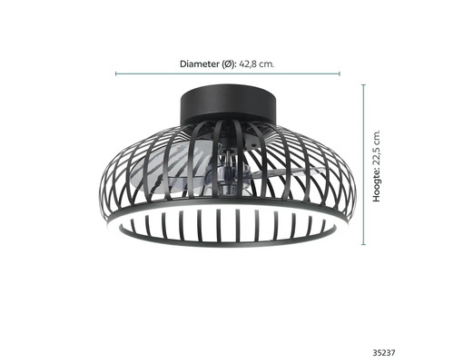 Plafondventilator met een diameter van 42,8 cm en een hoogte van 22,5 cm.