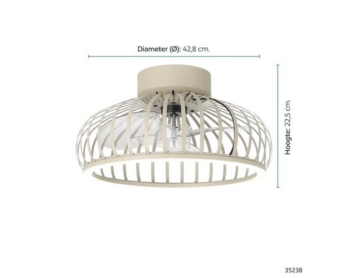 Plafondventilator met een diameter van 42,8 cm en een hoogte van 22,5 cm.