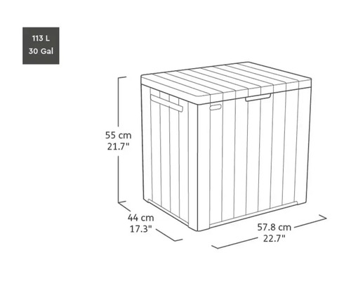 Afbeelding van een opbergbox met de afmetingen 55 cm hoogte, 44 cm breedte en 57,8 cm lengte.