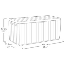 Afbeelding van een kunststof tuinkist met afmetingen van 57 cm hoog, 53,5 cm diep en 123 cm breed.