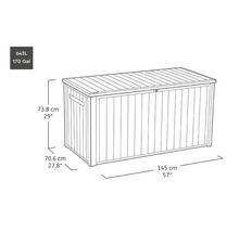 Afbeelding van een tuinkoffer met de afmetingen 73,8 cm hoog, 70,6 cm diep en 145 cm breed.