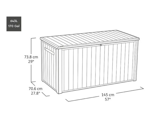 Afbeelding van een tuinkoffer met de afmetingen 73,8 cm hoog, 70,6 cm diep en 145 cm breed.