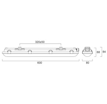 Technische tekening van een vochtbestendige lamp met afmetingen