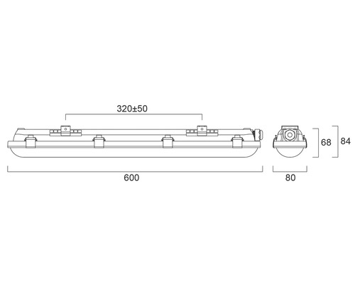 Technische tekening van een vochtbestendige lamp met afmetingen