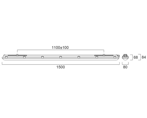 Technische tekening van een lange wandlamp met maataanduidingen