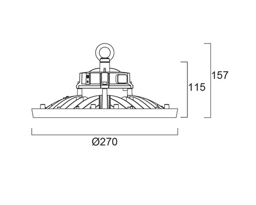 Technische tekening van een halarmatuur met de afmetingen 270 mm diameter en 157 mm hoogte