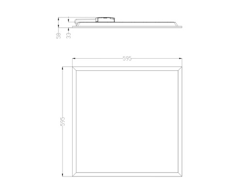 Technische tekening van een ledpaneellamp met afmetingen 595 bij 595 millimeter