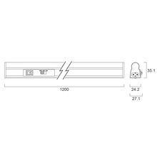 Technische tekening van een 1200 mm lange LED onderbouwlamp met schakelaar