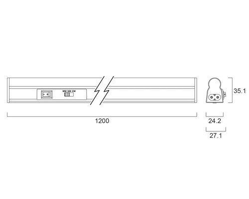 Technische tekening van een 1200 mm lange LED onderbouwlamp met schakelaar