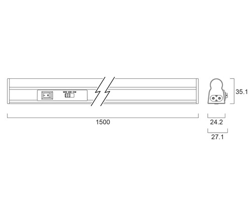 Technische tekening van een onderbouwlamp met maatvoering