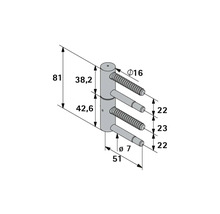 Technische tekening van een scharnier met afmetingen.