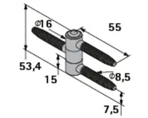 Technische tekening van een verbindingsstuk met afmetingen.
