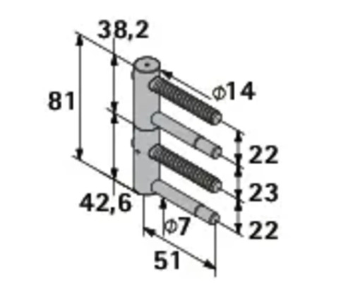 Technische tekening van een deurhengsel met maatvoering