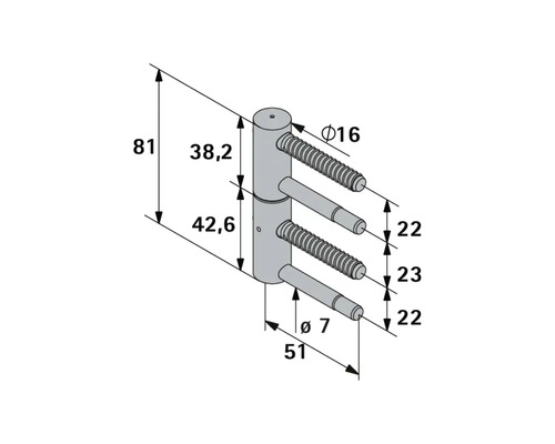 Technische tekening van een scharnier met afmetingen.