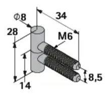 Technische tekening van een bout met afmetingen van 8 millimeter diameter, 28 millimeter hoogte, 34 millimeter lengte en M6 draad