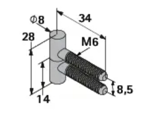 Technische tekening van een bout met afmetingen van 8 millimeter diameter, 28 millimeter hoogte, 34 millimeter lengte en M6 draad