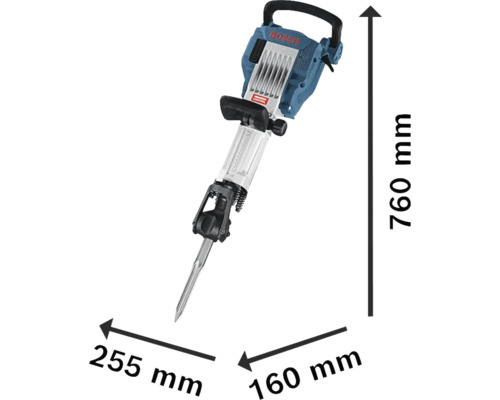 Boschhamer breekhamer met de afmetingen 760 mm hoogte, 255 mm breedte en 160 mm diepte.