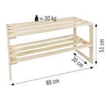 Houten schoenenrek met twee planken, afmetingen 80 cm x 30 cm x 51 cm, maximaal draagvermogen 30 kg