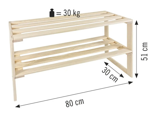 Houten schoenenrek met twee planken, afmetingen 80 cm x 30 cm x 51 cm, maximaal draagvermogen 30 kg