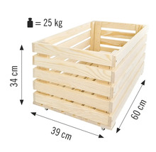 Houten kist met de afmetingen 34 cm hoog, 39 cm breed en 60 cm lang, maximale belasting 25 kg