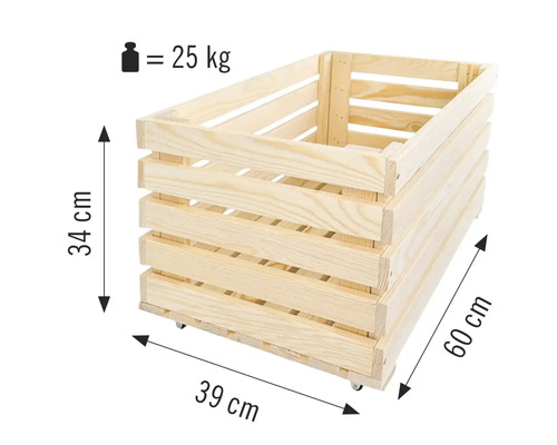Houten kist met de afmetingen 34 cm hoog, 39 cm breed en 60 cm lang, maximale belasting 25 kg