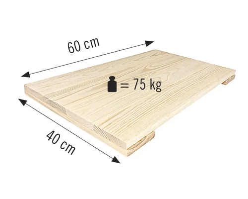 Houten plaat met afmetingen 60 centimeter bij 40 centimeter en een draagvermogen van 75 kilogram