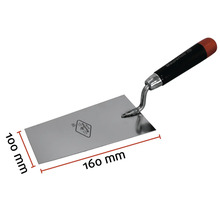 Metselwerk troffel met een lengte van 160 mm en een breedte van 100 mm.