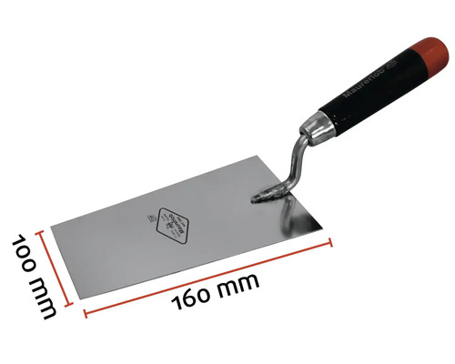 Metselwerk troffel met een lengte van 160 mm en een breedte van 100 mm.