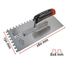 Tegellijm spatel met afmetingen 280 x 130 millimeter en een vertanding van 8 x 8 millimeter