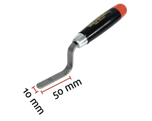 Voegenkrabber met houten handvat, 50 mm lang en 10 mm breed.