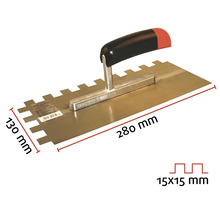 Tegellijm spatel met een afmeting van 280 bij 130 millimeter en een vertanding van 15 bij 15 millimeter.