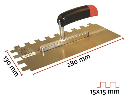 Tegellijm spatel met een afmeting van 280 bij 130 millimeter en een vertanding van 15 bij 15 millimeter.