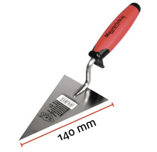 Driehoekige troffel met een bladlengte van 140 millimeter en een rode handgreep