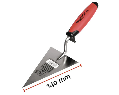 Driehoekige troffel met een bladlengte van 140 millimeter en een rode handgreep