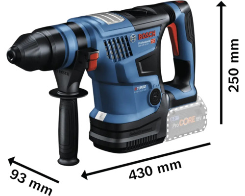 Bosch boorhamer met een lengte van 430 mm, een hoogte van 250 mm en een breedte van 93 mm