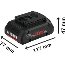 Bosch ProCore 18V 4.0 Ah accu met de afmetingen 77 mm x 117 mm x 47 mm