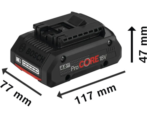 Bosch ProCore 18V 4.0 Ah accu met de afmetingen 77 mm x 117 mm x 47 mm
