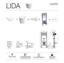 Laufen Lida wandclosetset met installatie-element en bedieningspaneel, technische tekeningen en symbolen
