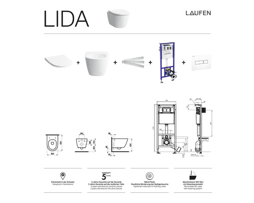 Laufen Lida wandclosetset met installatie-element en bedieningspaneel, technische tekeningen en symbolen