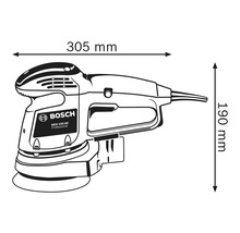 Afmetingen Bosch GEX 125 AC Professional excentrische schuurmachine: lengte 305 mm, hoogte 190 mm