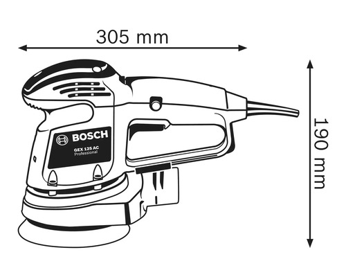 Afmetingen Bosch GEX 125 AC Professional excentrische schuurmachine: lengte 305 mm, hoogte 190 mm