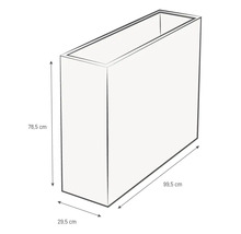 Afbeelding van een plantenbak met de afmetingen 78,5 cm hoogte, 99,5 cm lengte en 29,5 cm breedte.