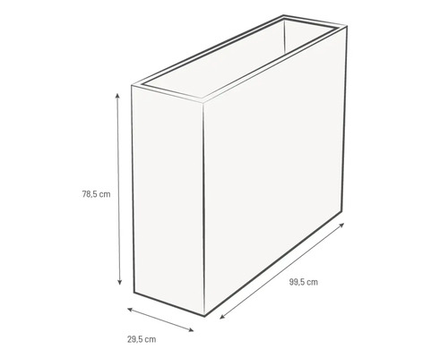 Afbeelding van een plantenbak met de afmetingen 78,5 cm hoogte, 99,5 cm lengte en 29,5 cm breedte.