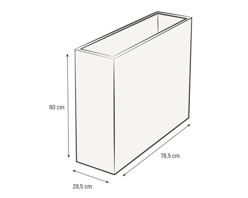 Illustratie van een plantenbak met de afmetingen 60 cm hoogte, 78,5 cm breedte en 29,5 cm diepte.