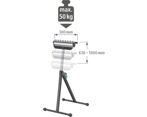Materiaalstandaard met een maximaal draagvermogen van 50 kilogram, 300 millimeter rollenbreedte en 630 tot 1000 millimeter hoogte